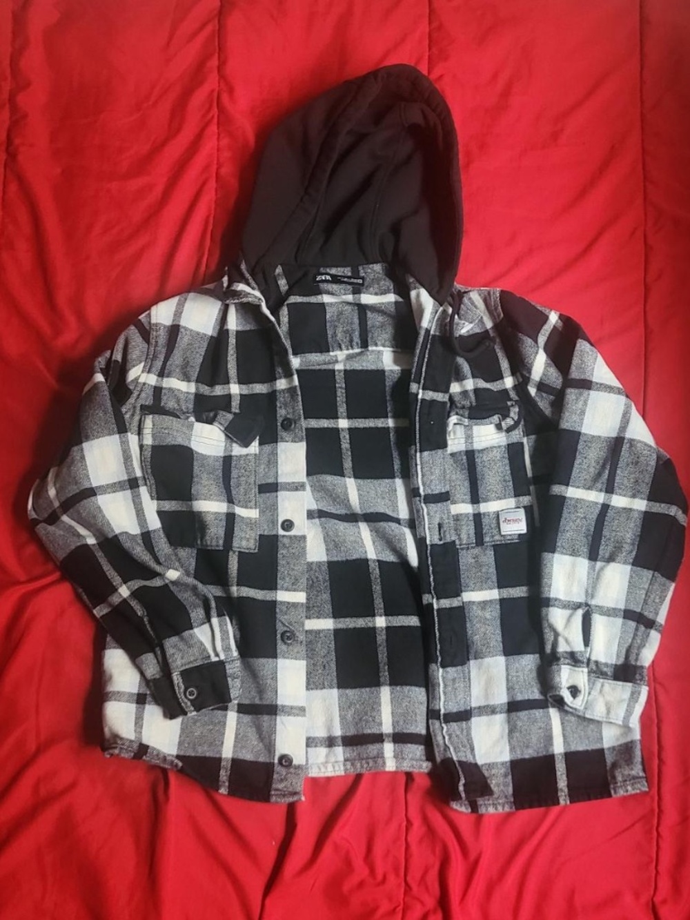 Zara Black and White Plaid Hooded Flannel Jacket/Shirt Size Medium